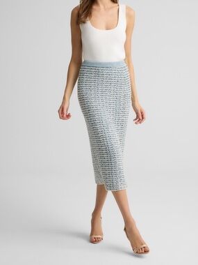 ST. JOHN VINTAGE SADIE SKIRT IN BRIGHTON KNIT BLUE GREY STRIPED STRETCH SKIRT 8